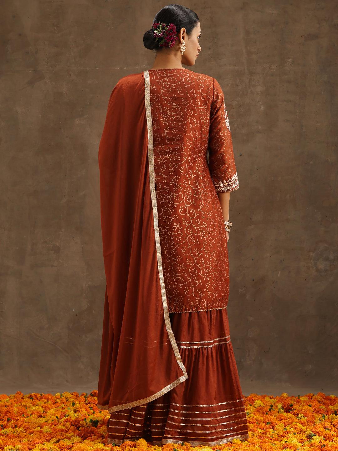 Rust Yoke Design Silk Blend Straight Kurta With Sharara & Dupatta