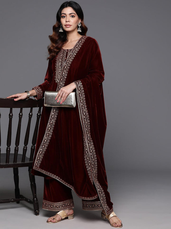 Rust Yoke Design Velvet A-Line Kurta With Palazzos & Dupatta - Libas