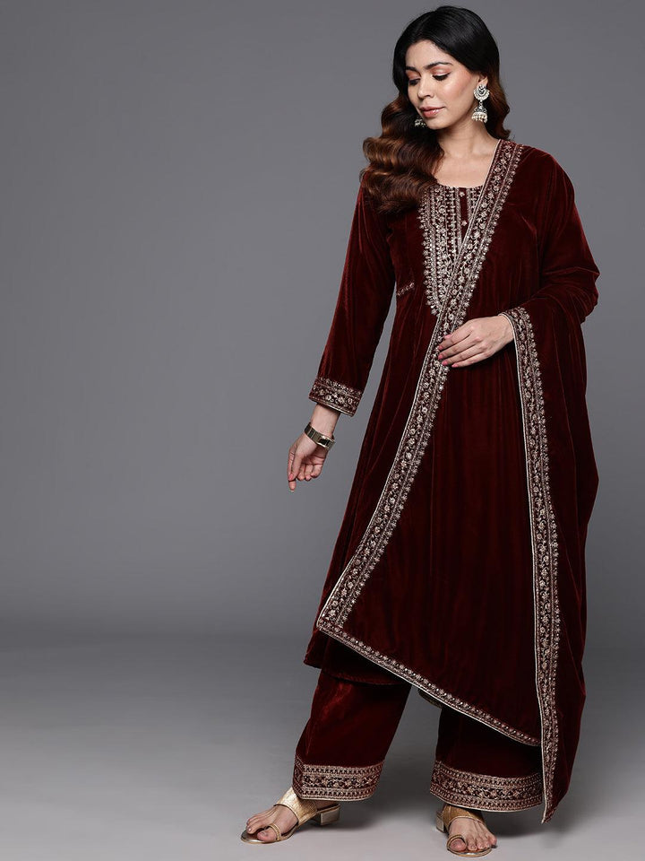 Rust Yoke Design Velvet A-Line Kurta With Palazzos & Dupatta - Libas