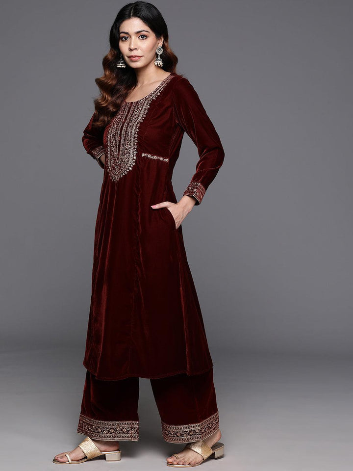 Rust Yoke Design Velvet A-Line Kurta With Palazzos & Dupatta - Libas