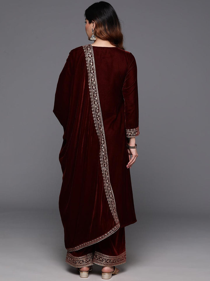 Rust Yoke Design Velvet A-Line Kurta With Palazzos & Dupatta - Libas