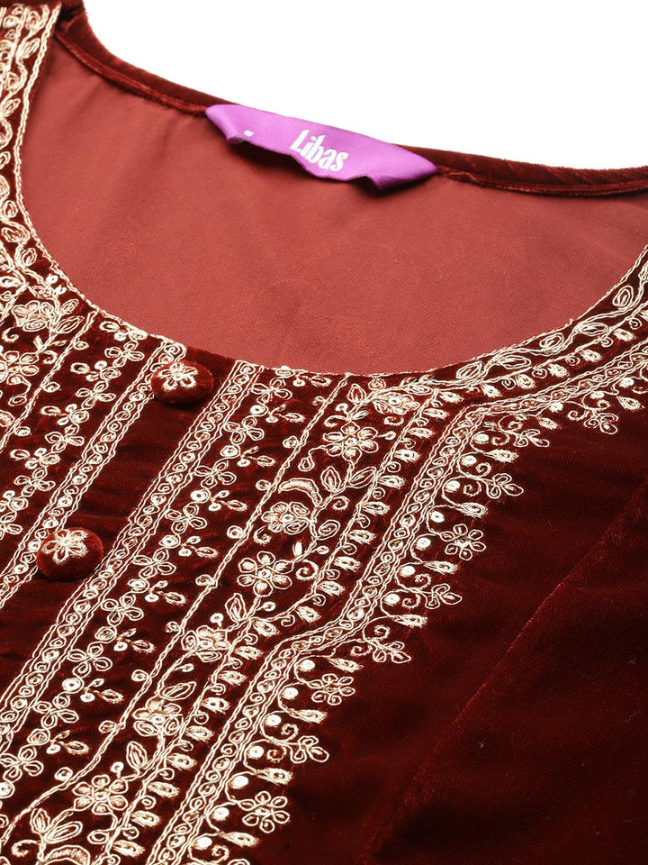 Rust Yoke Design Velvet A-Line Kurta With Palazzos & Dupatta - Libas