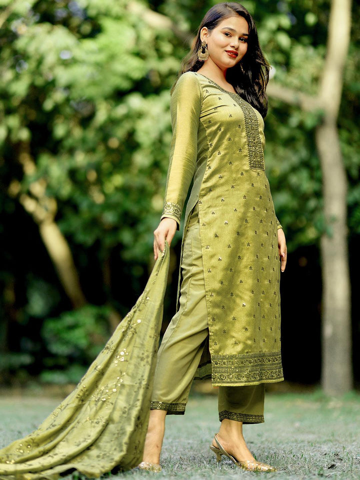 Sage Green Embroidered Silk Blend Straight Kurta With Trousers & Dupatta - Libas