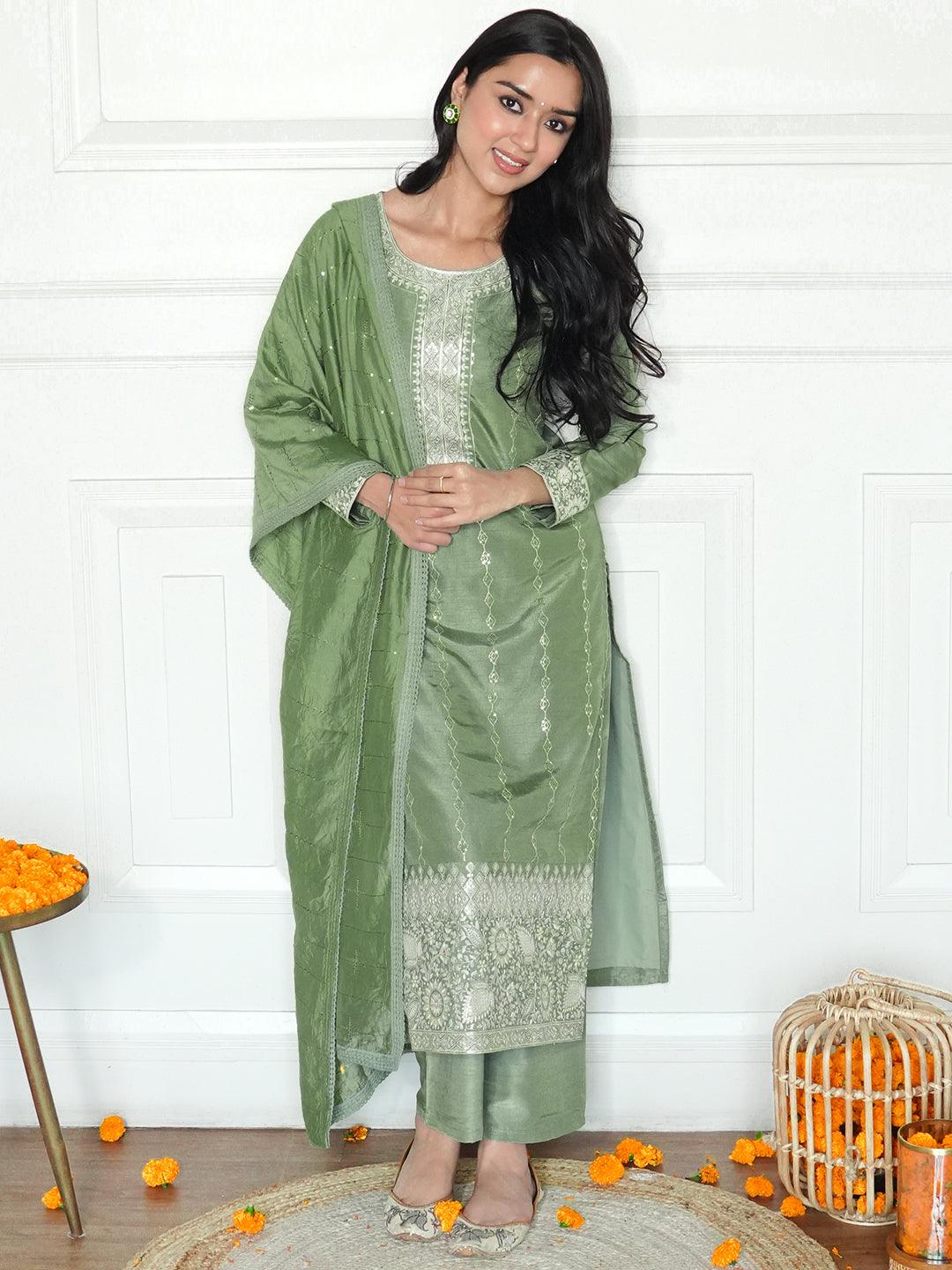 Sage Green Embroidered Silk Straight Kurta With Trousers & Dupatta - Libas