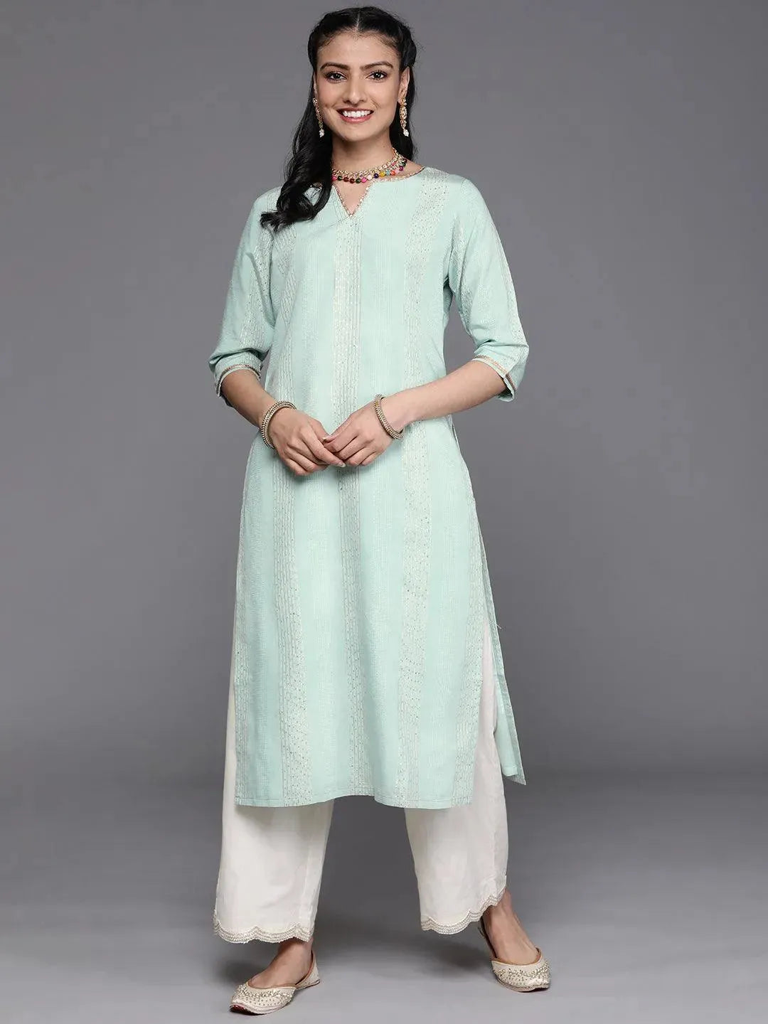 

Buy Sea Green Embellished Chanderi Silk Kurta - 23415O- | Libas Ethnic Wear Online