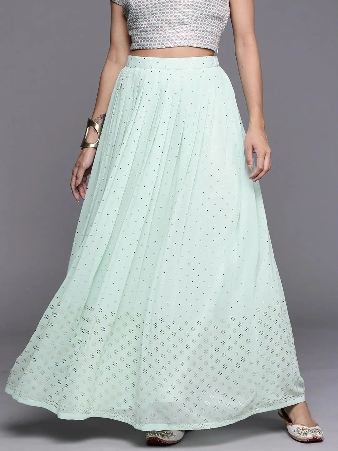 Sea Green Embellished Georgette Skirt - Libas 