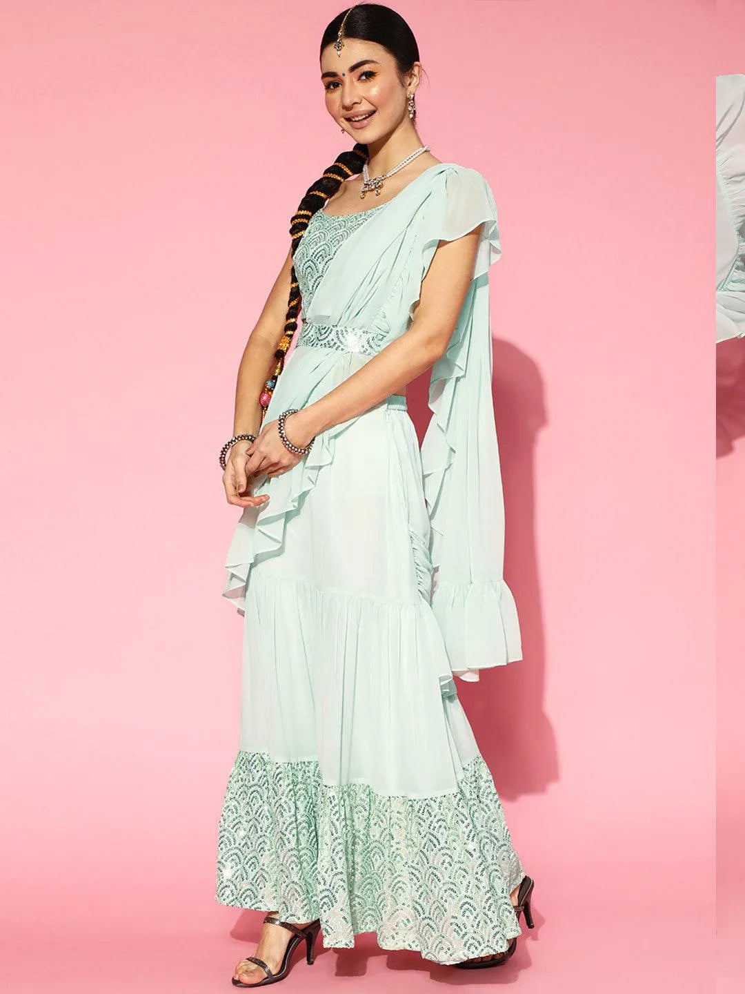 Sea Green Embellished Ready to Wear Saree - Libas 