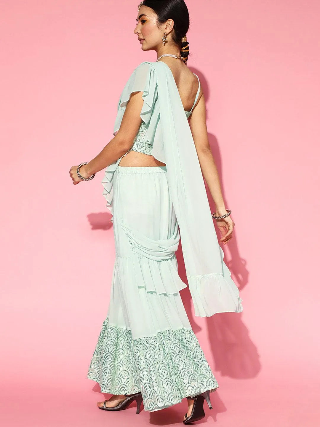 Sea Green Embellished Ready to Wear Saree - Libas 