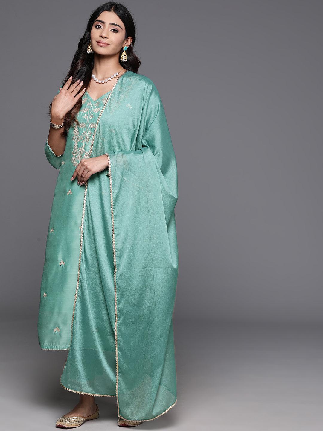 Sea Green Embroidered Chanderi Silk Straight Kurta With Trousers & Dupatta - Libas