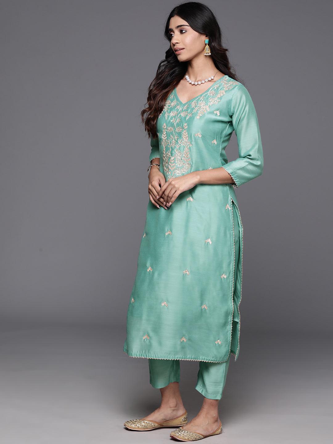 Sea Green Embroidered Chanderi Silk Straight Kurta With Trousers & Dupatta - Libas