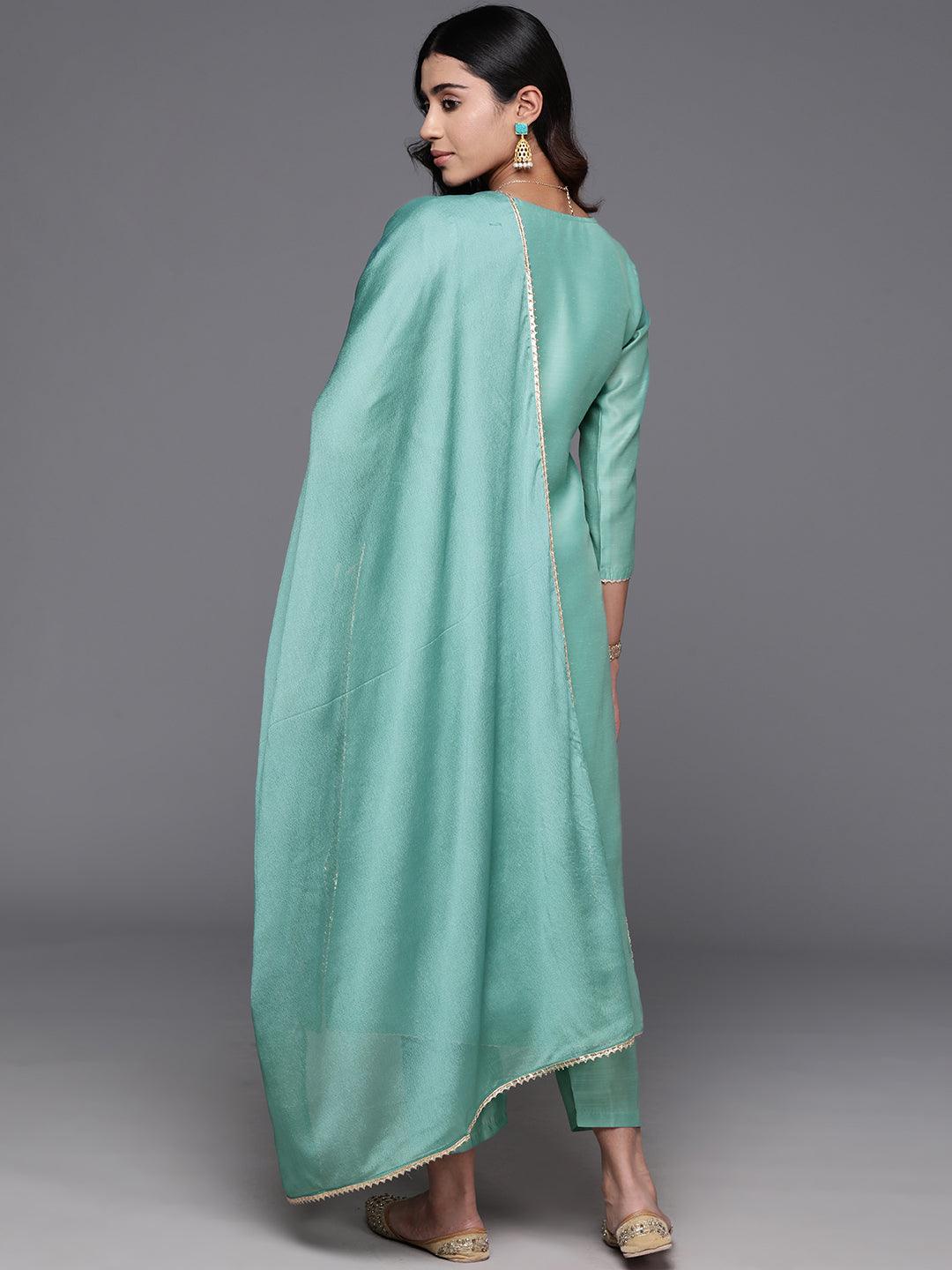 Sea Green Embroidered Chanderi Silk Straight Kurta With Trousers & Dupatta - Libas