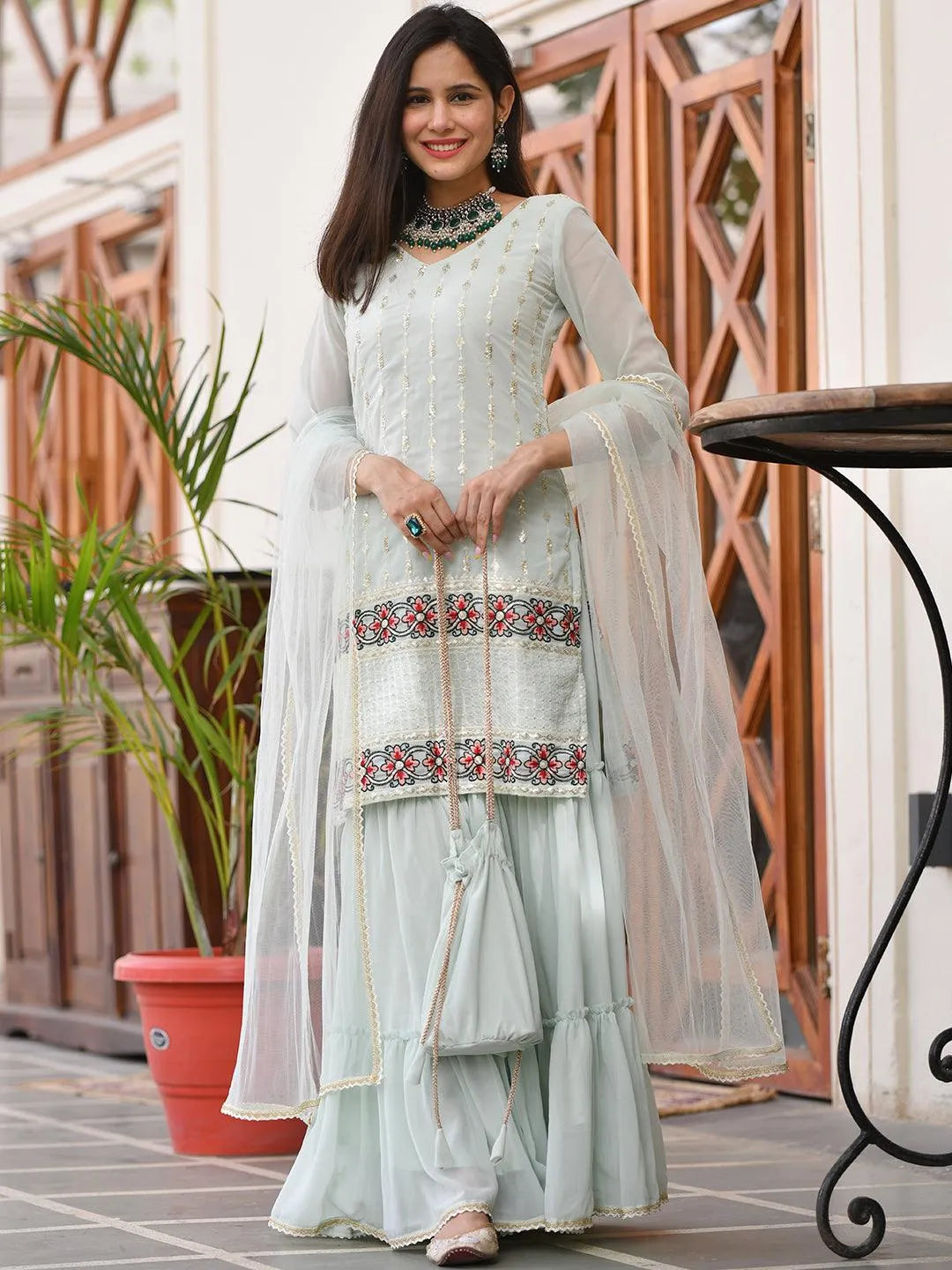 Sea Green Embroidered Georgette Kurta Set - Libas