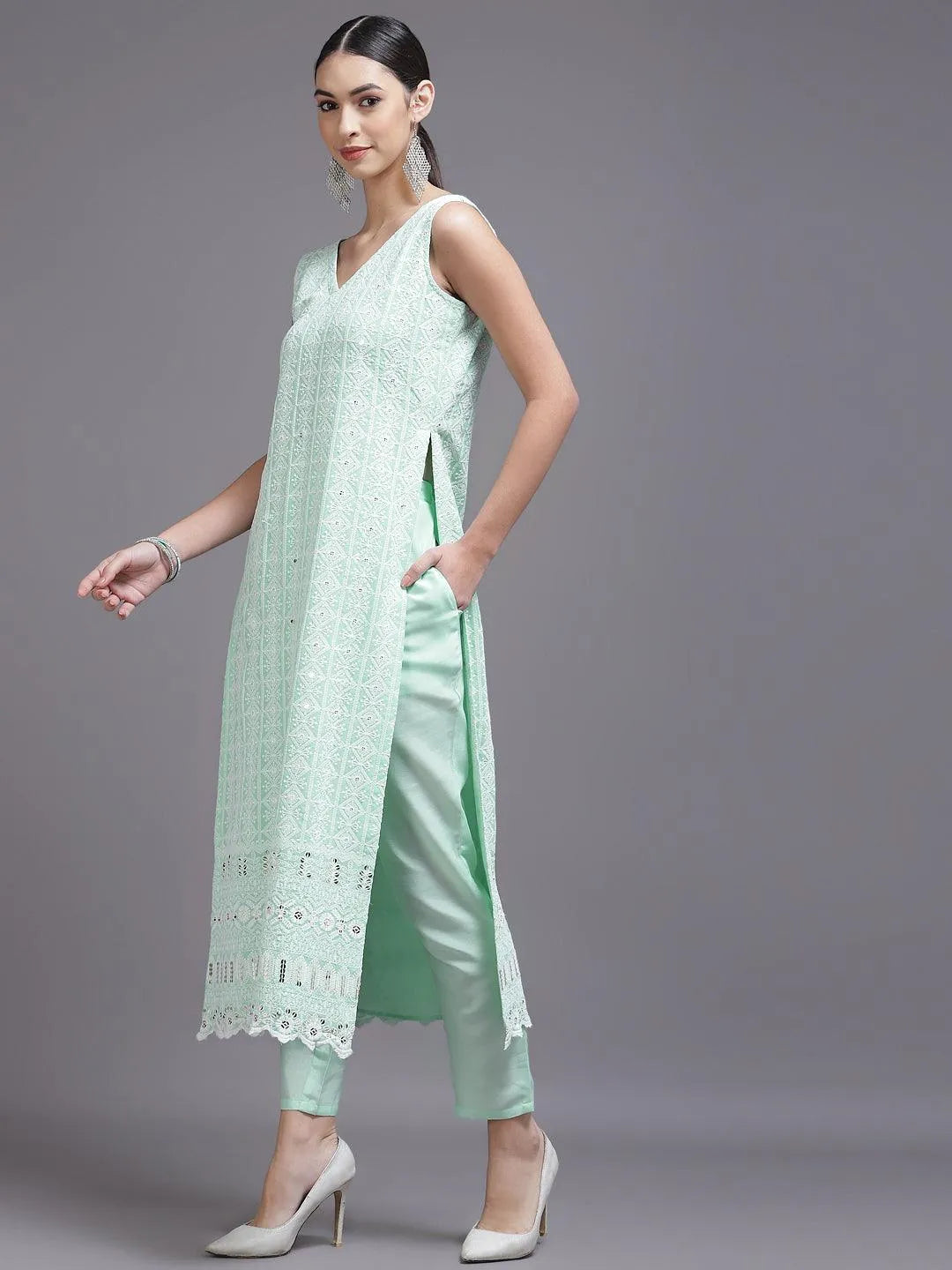 Sea Green Embroidered Georgette Suit Set - Libas 