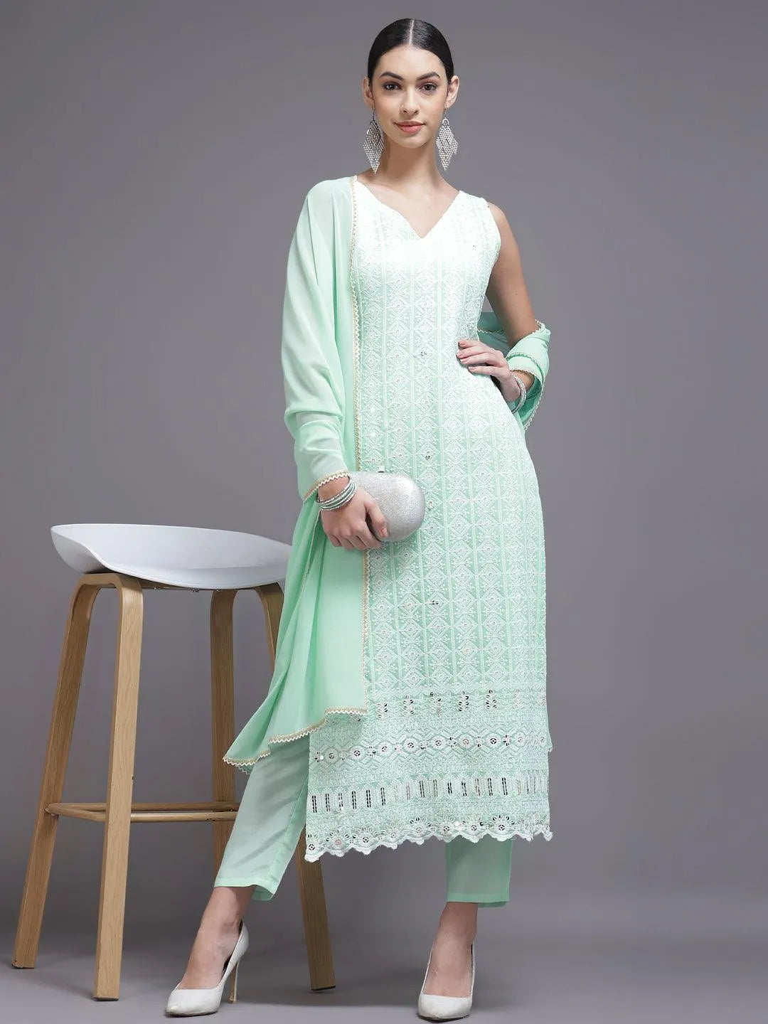 Sea Green Embroidered Georgette Suit Set - Libas 