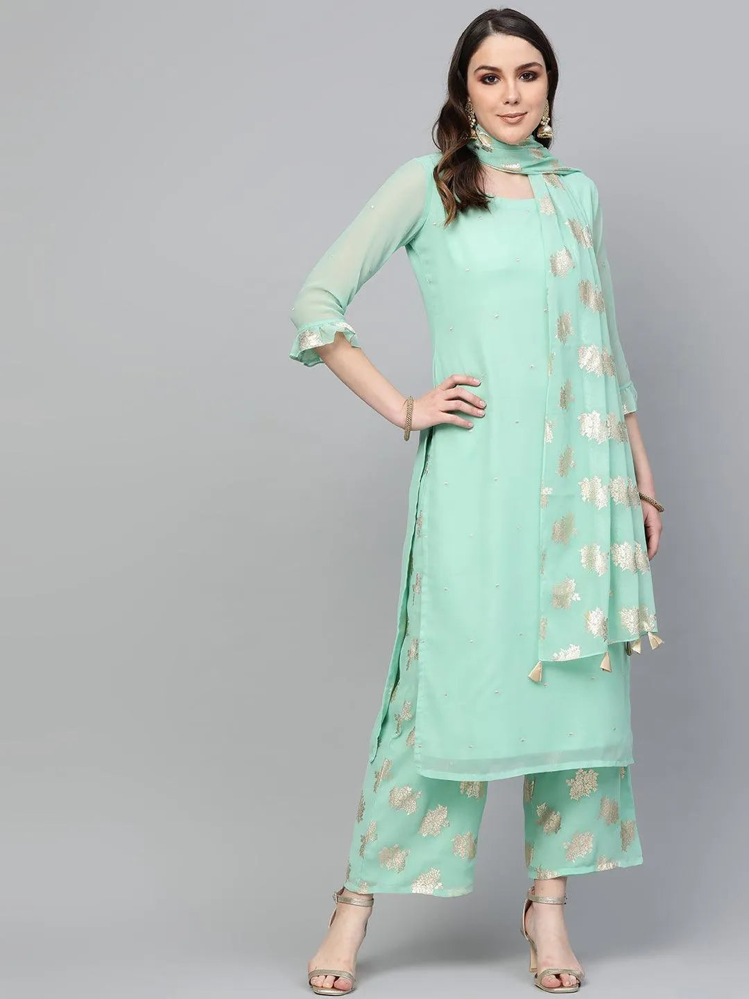 Sea Green Embroidered Georgette Suit Set - Libas