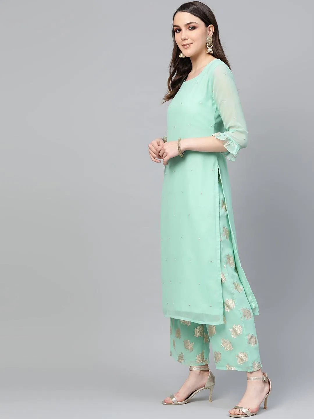 Sea Green Embroidered Georgette Suit Set - Libas 