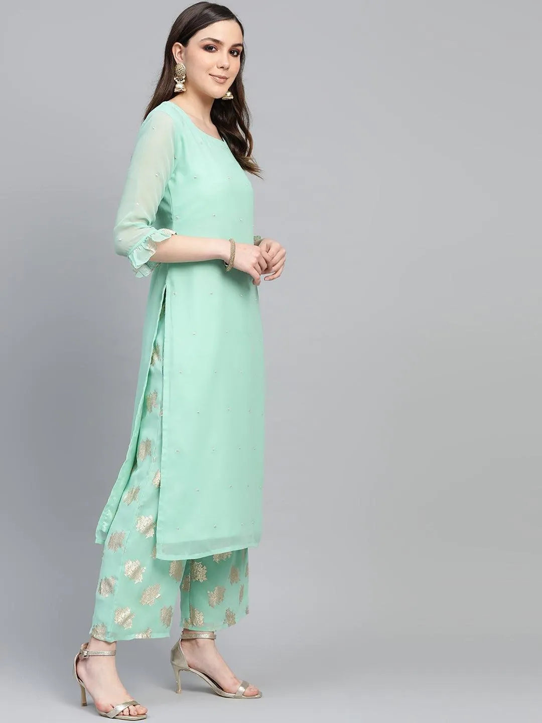 Sea Green Embroidered Georgette Suit Set - Libas 