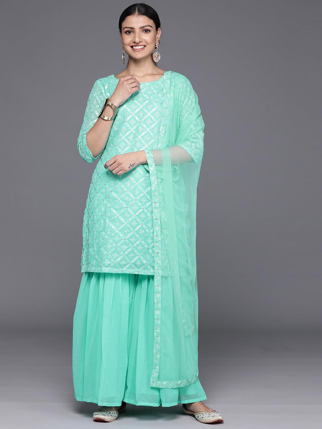 Sea Green Embroidered Georgette Straight Kurta With Sharara & Dupatta - Libas