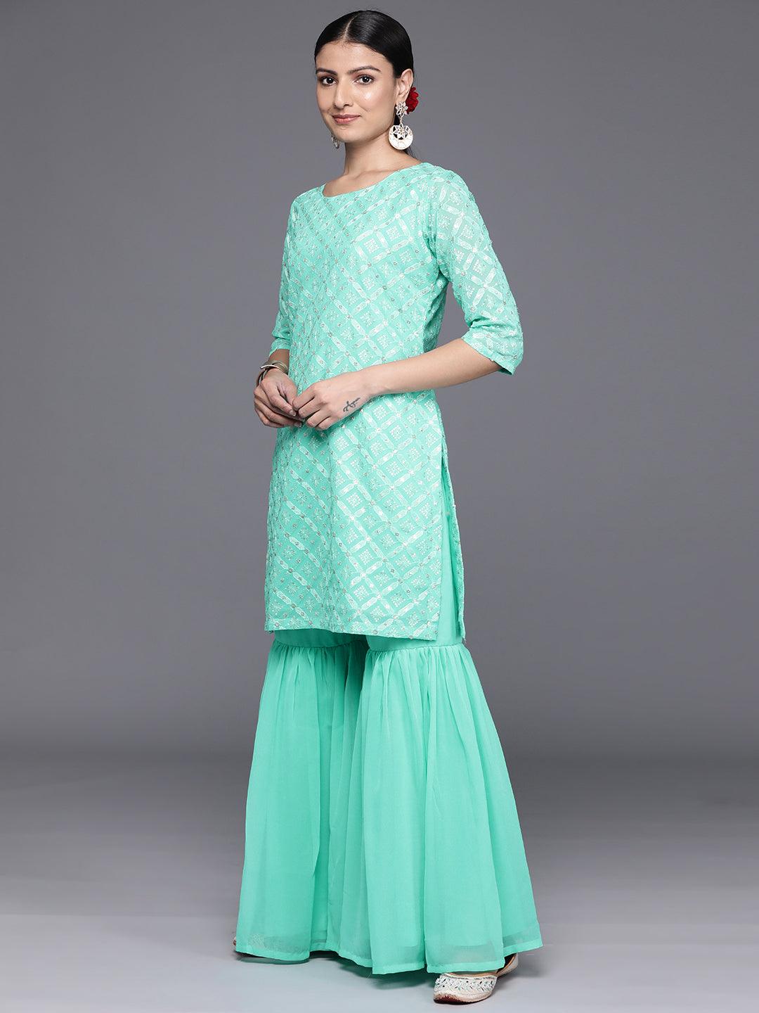 Sea Green Embroidered Georgette Straight Kurta With Sharara & Dupatta - Libas 