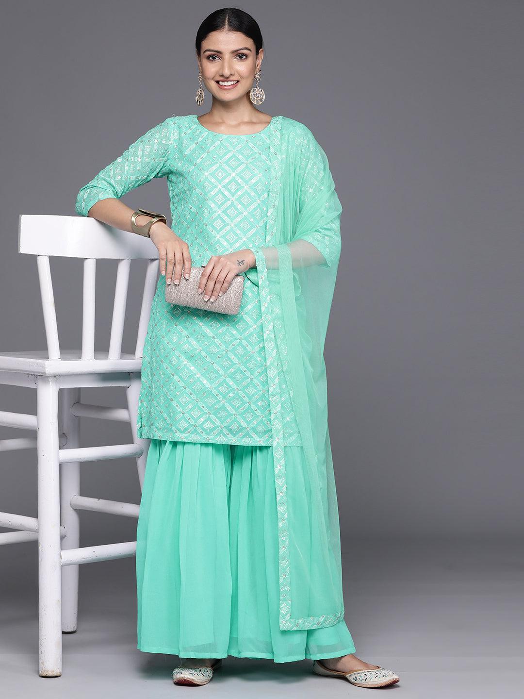 Sea Green Embroidered Georgette Straight Kurta With Sharara & Dupatta - Libas 