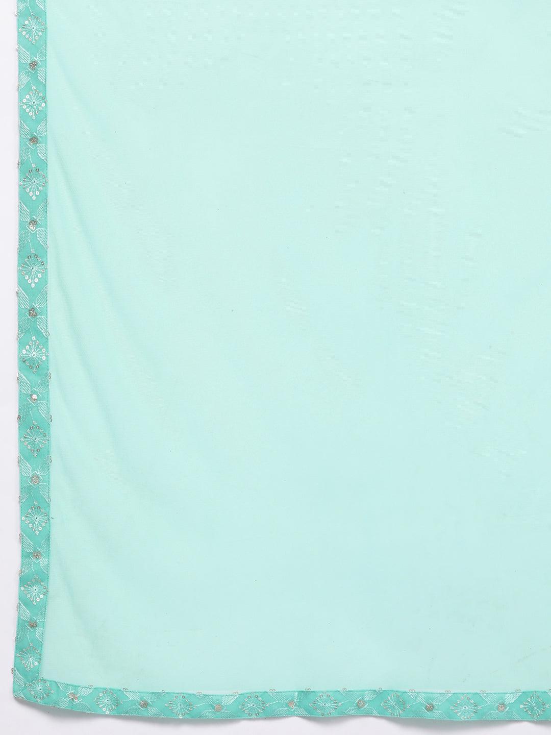 Sea Green Embroidered Georgette Straight Kurta With Sharara & Dupatta - Libas