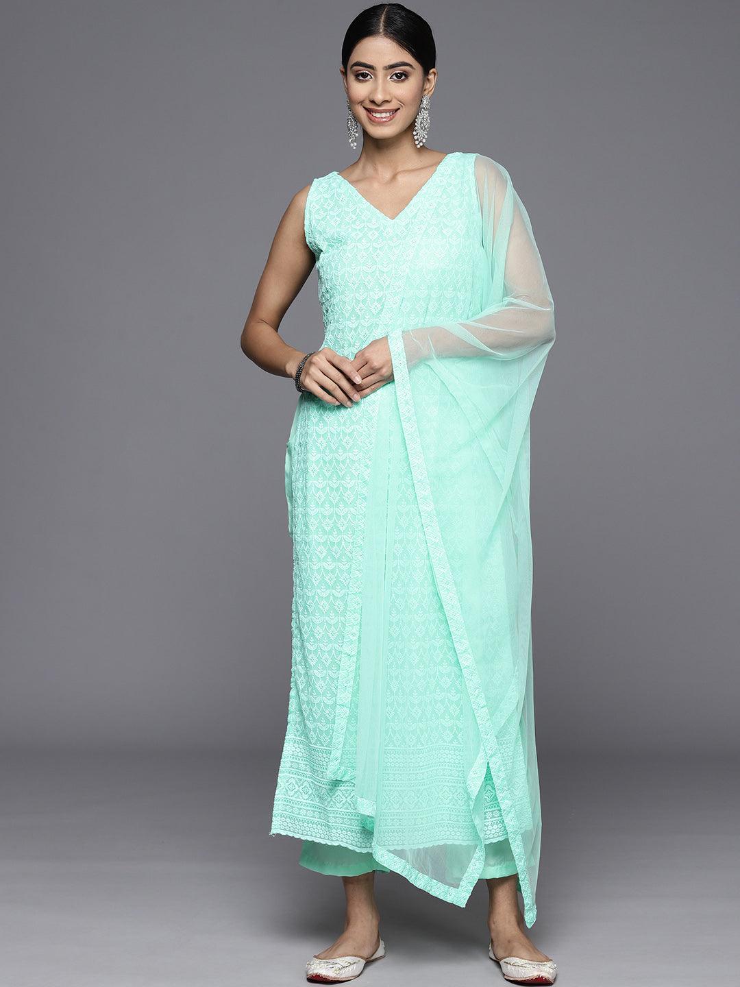 Sea Green Embroidered Georgette Straight Kurta With Trousers & Dupatta - Libas