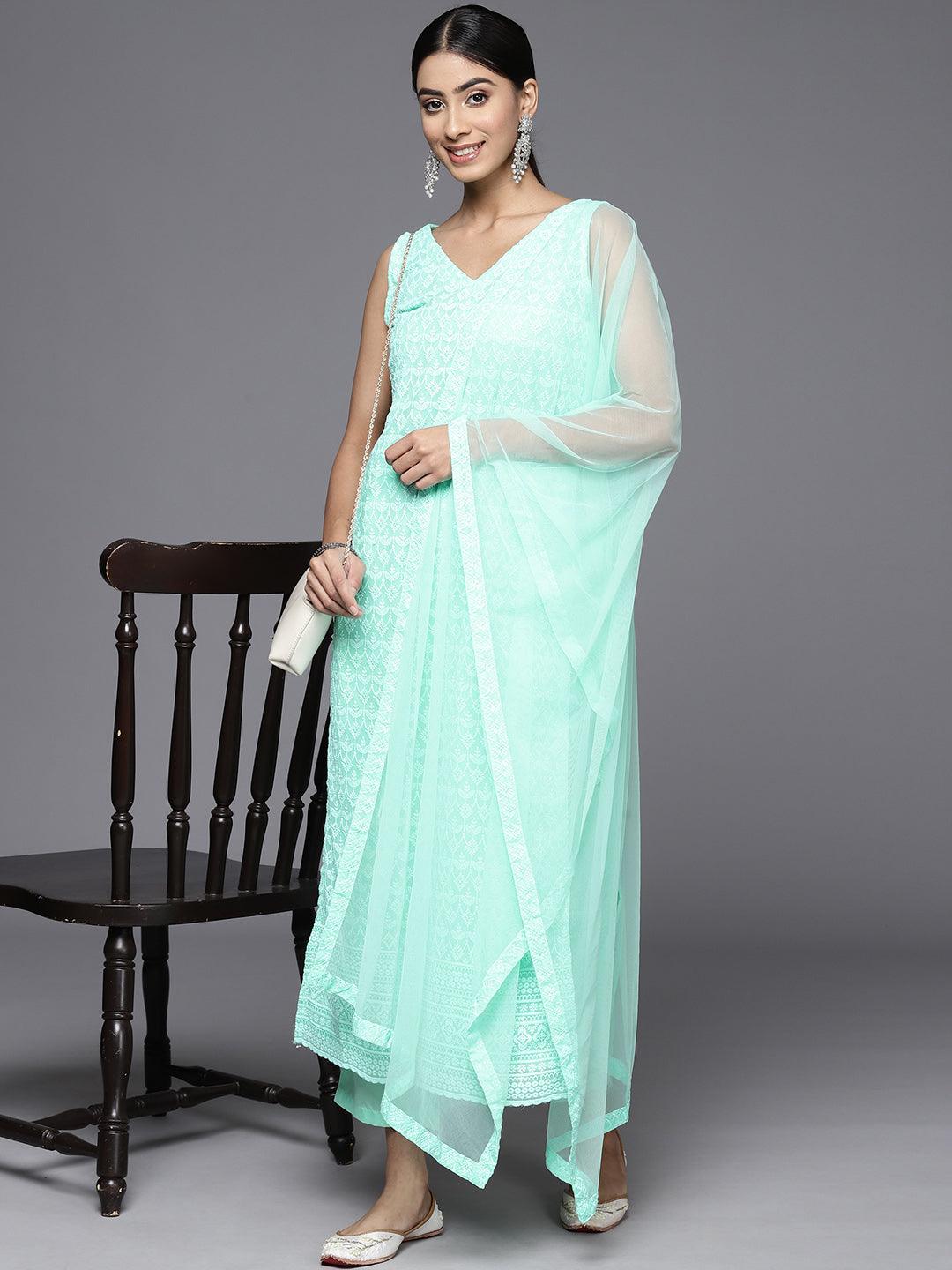 Sea Green Embroidered Georgette Straight Kurta With Trousers & Dupatta - Libas