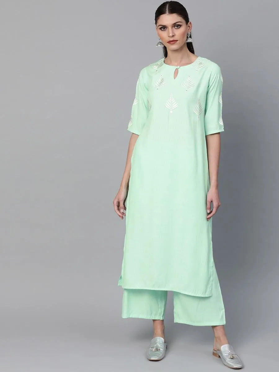 Sea Green Embroidered Rayon Kurta Set - Libas 