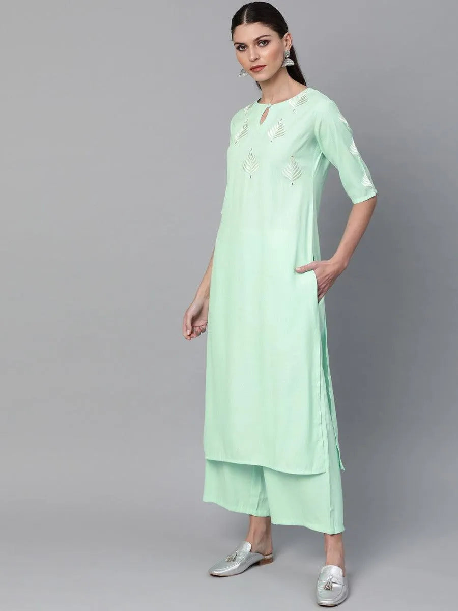 Sea Green Embroidered Rayon Kurta Set - Libas