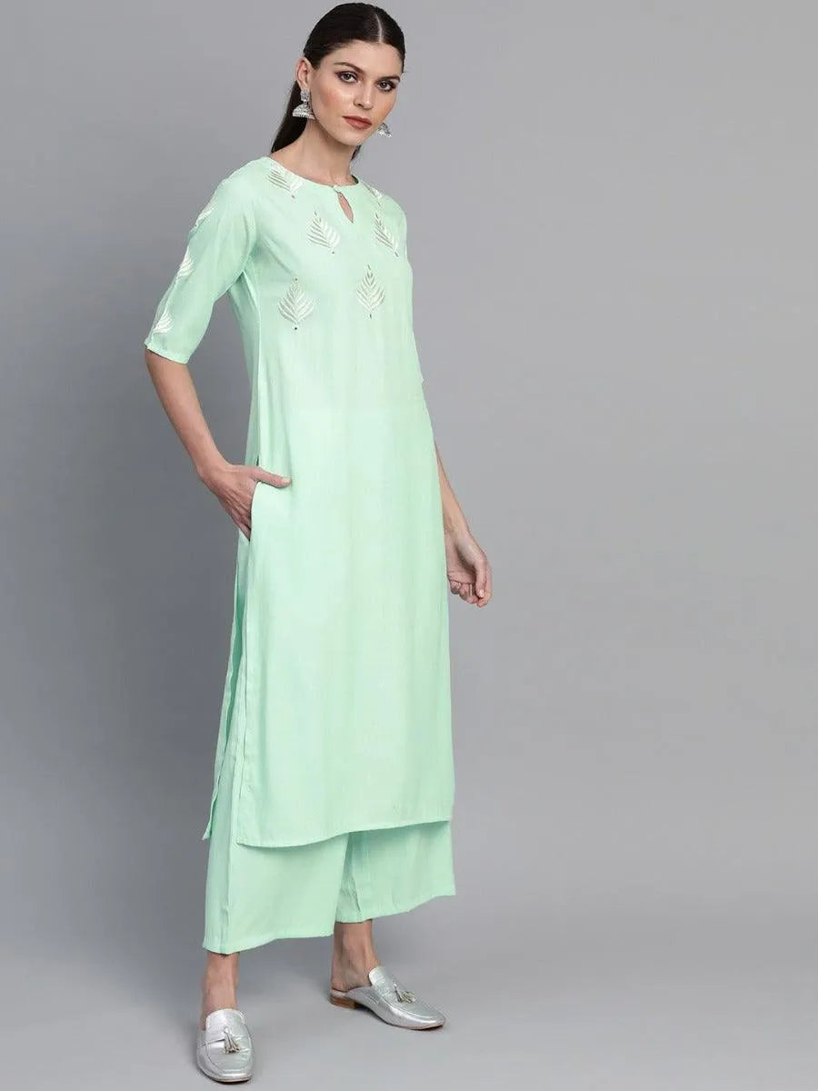 Sea Green Embroidered Rayon Kurta Set - Libas 