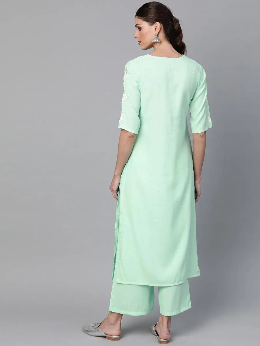 Sea Green Embroidered Rayon Kurta Set - Libas 