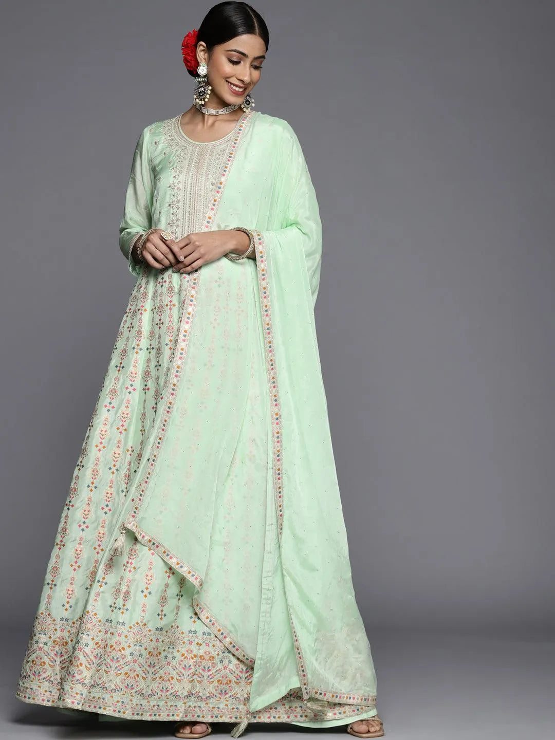 Sea Green Embroidered Silk Anarkali Suit Set - Libas 