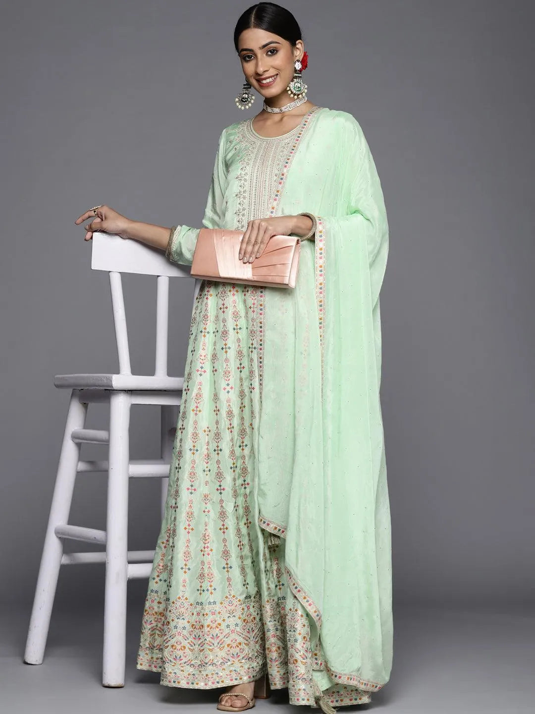 Sea Green Embroidered Silk Anarkali Suit Set - Libas 