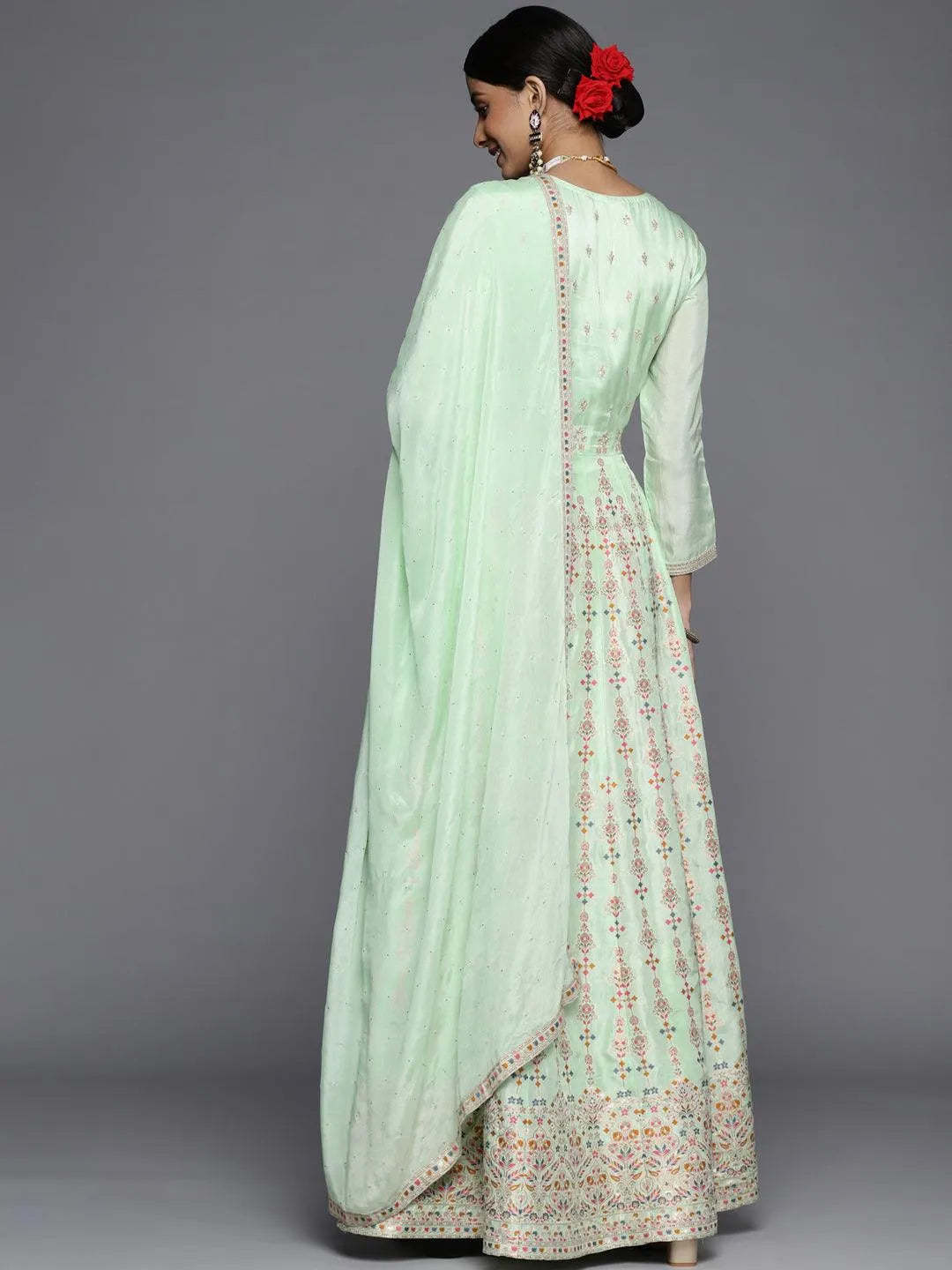 Sea Green Embroidered Silk Anarkali Suit Set - Libas 