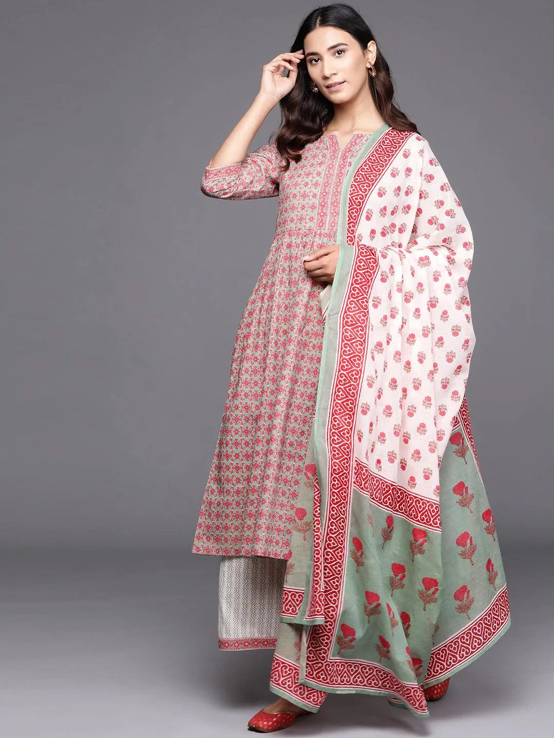 Sea Green Printed Cotton Suit Set - Libas