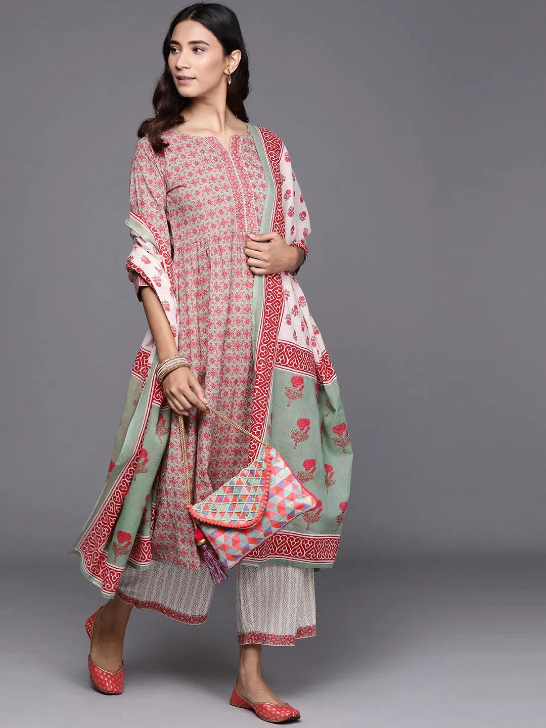 Sea Green Printed Cotton Suit Set - Libas 