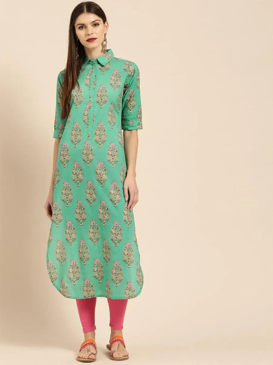 Sea Green Printed Cotton Kurta - Libas