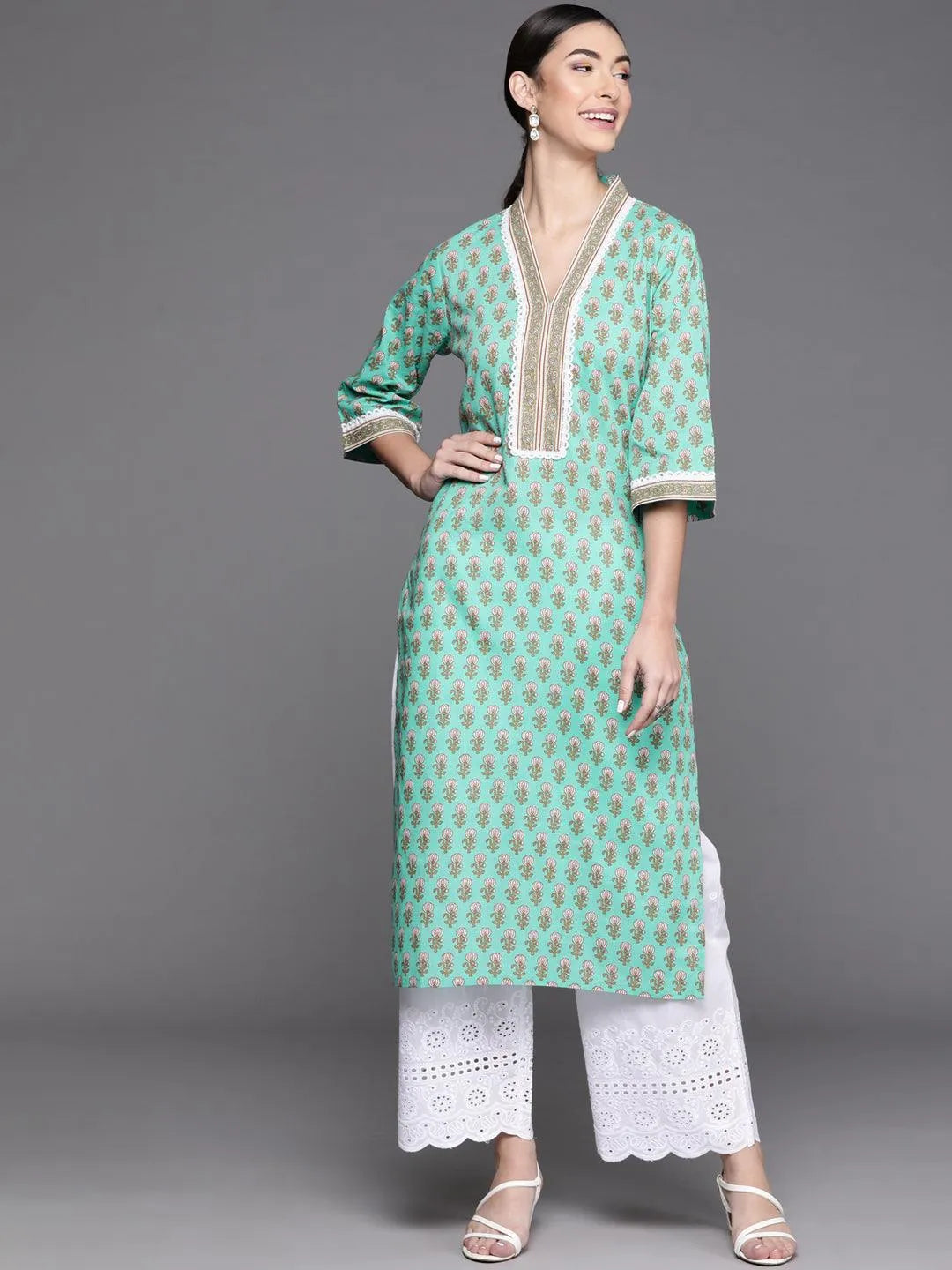 Sea Green Printed Cotton Kurta - Libas