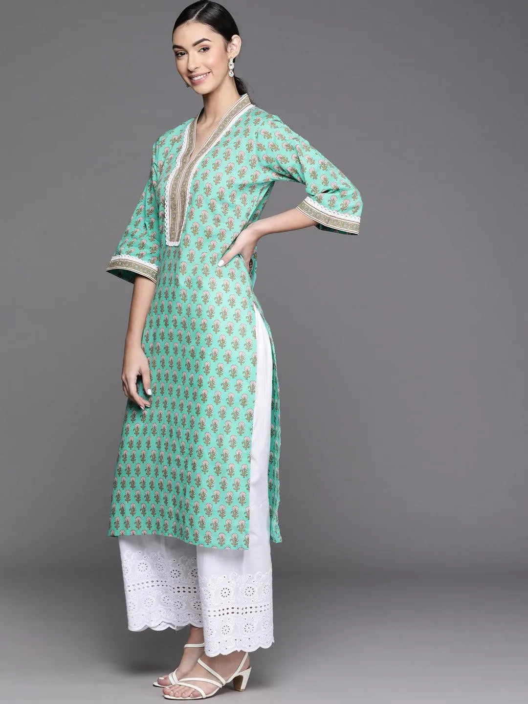 Sea Green Printed Cotton Kurta - Libas