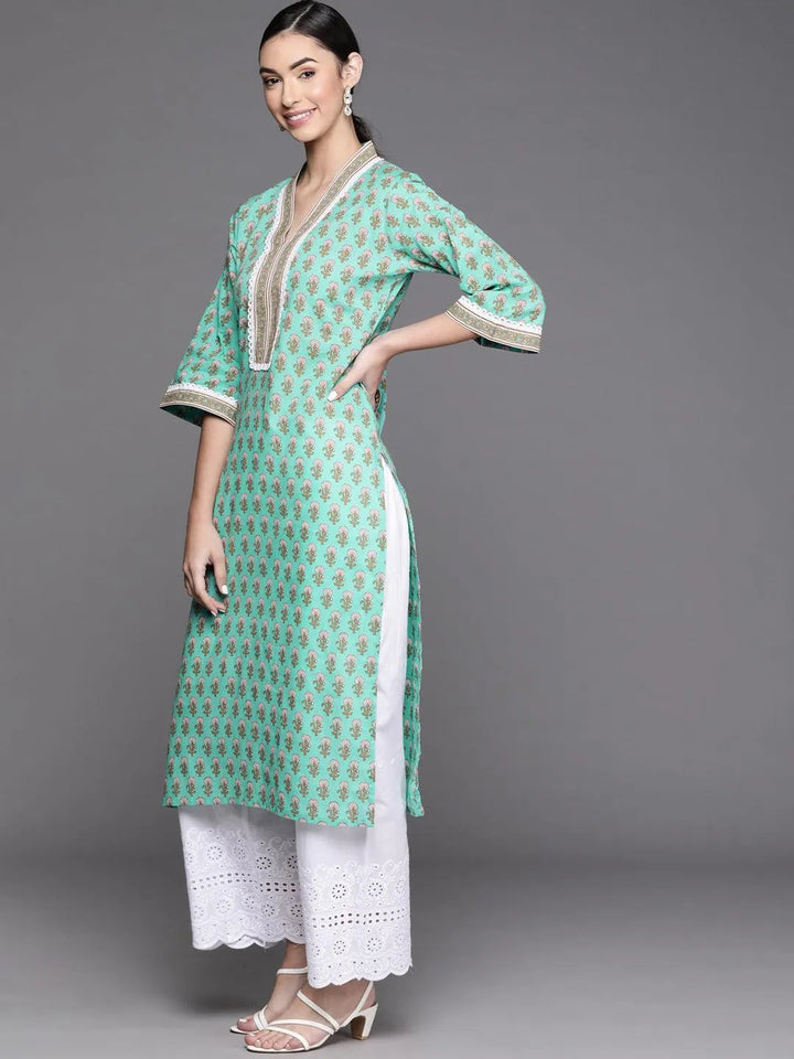 Sea Green Printed Cotton Kurta - Libas