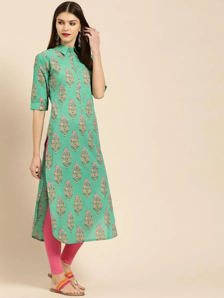 Sea Green Printed Cotton Kurta - Libas