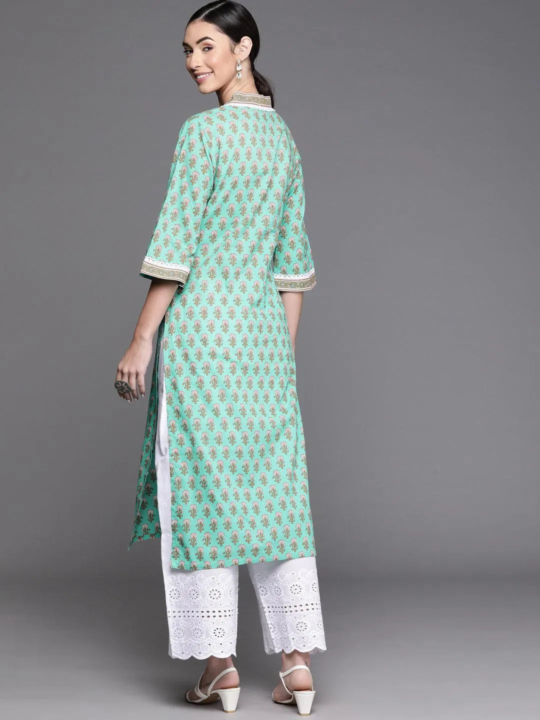 Sea Green Printed Cotton Kurta - Libas