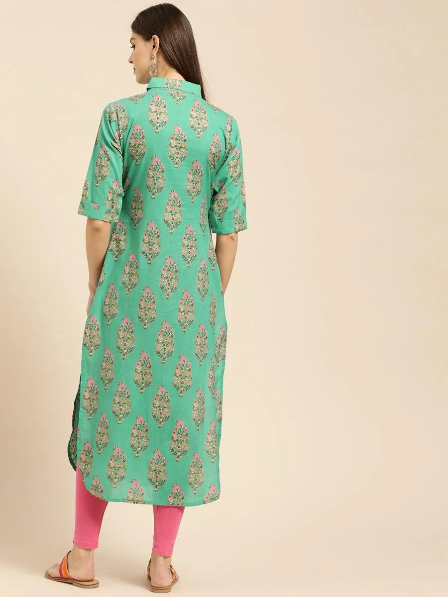 Sea Green Printed Cotton Kurta - Libas