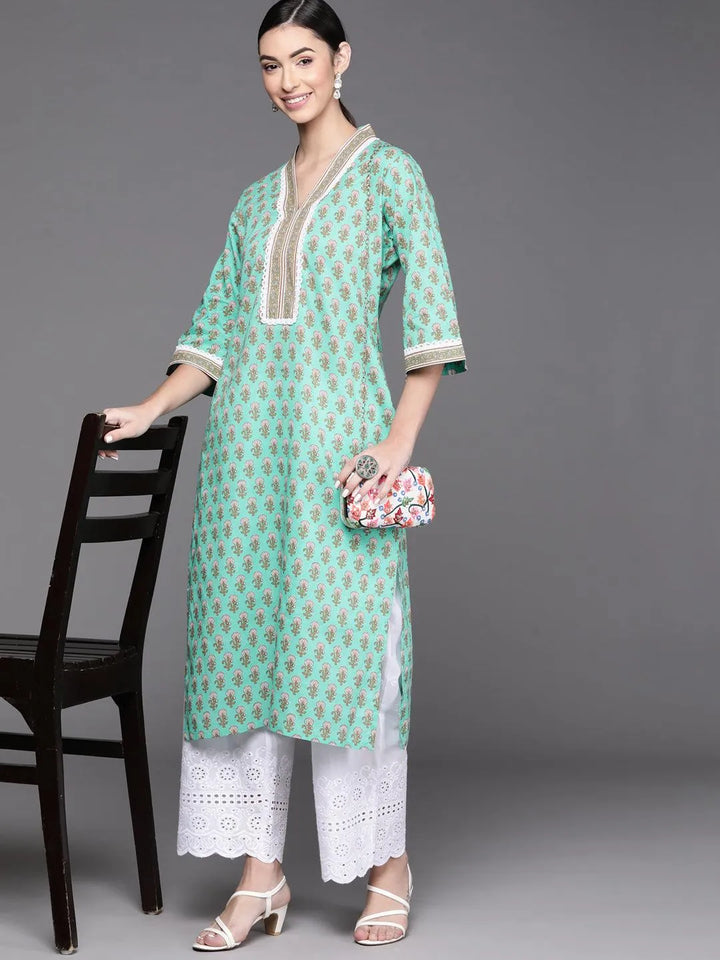 Sea Green Printed Cotton Kurta - Libas