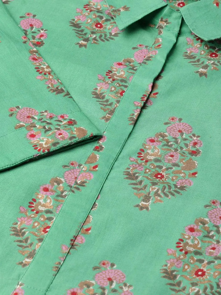 Sea Green Printed Cotton Kurta - Libas