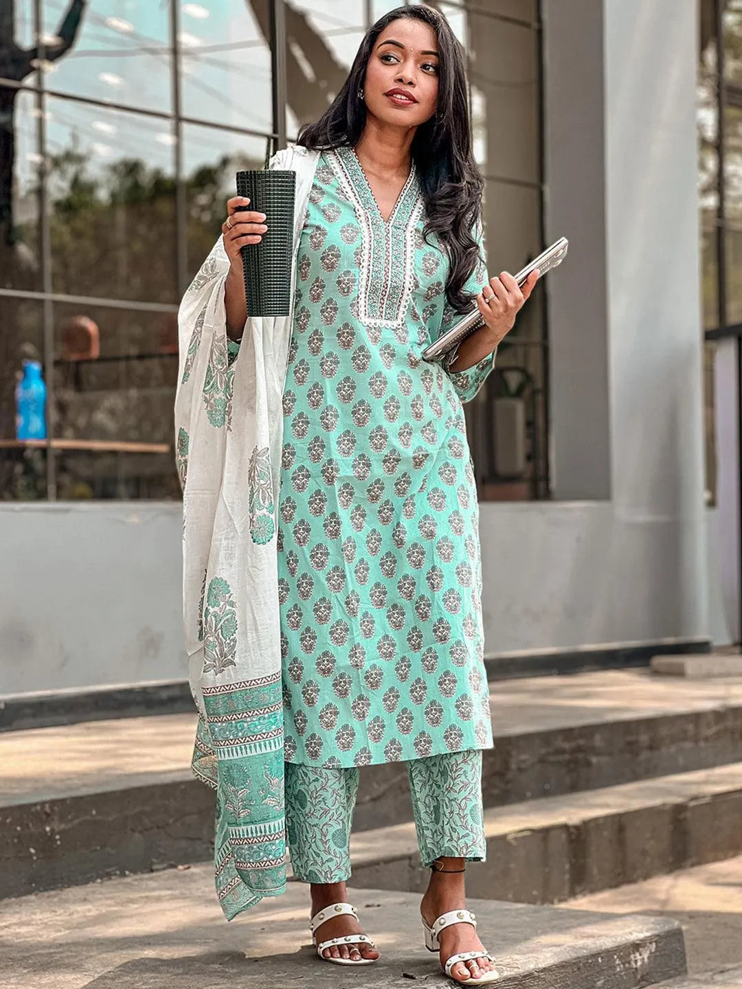 Sea Green Printed Cotton Suit Set - Libas 