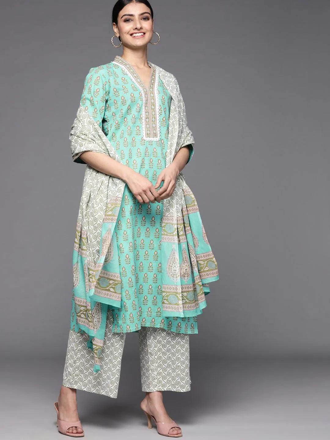 Sea Green Printed Cotton Suit Set - Libas 