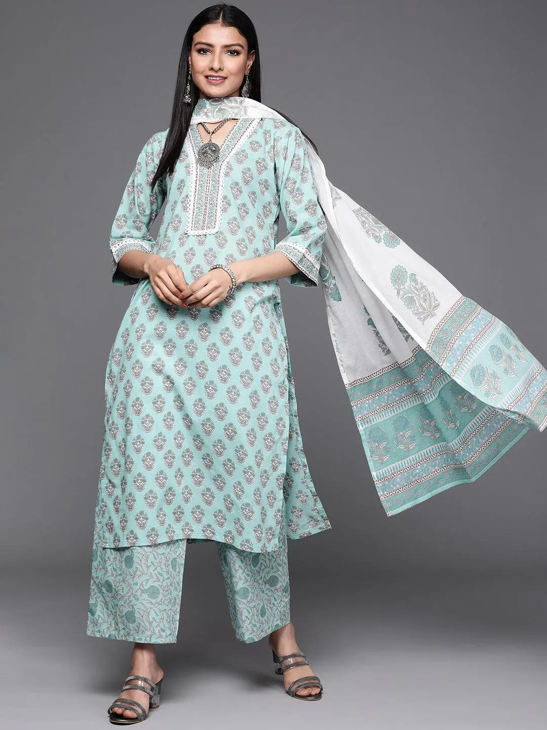 Sea Green Printed Cotton Suit Set - Libas 