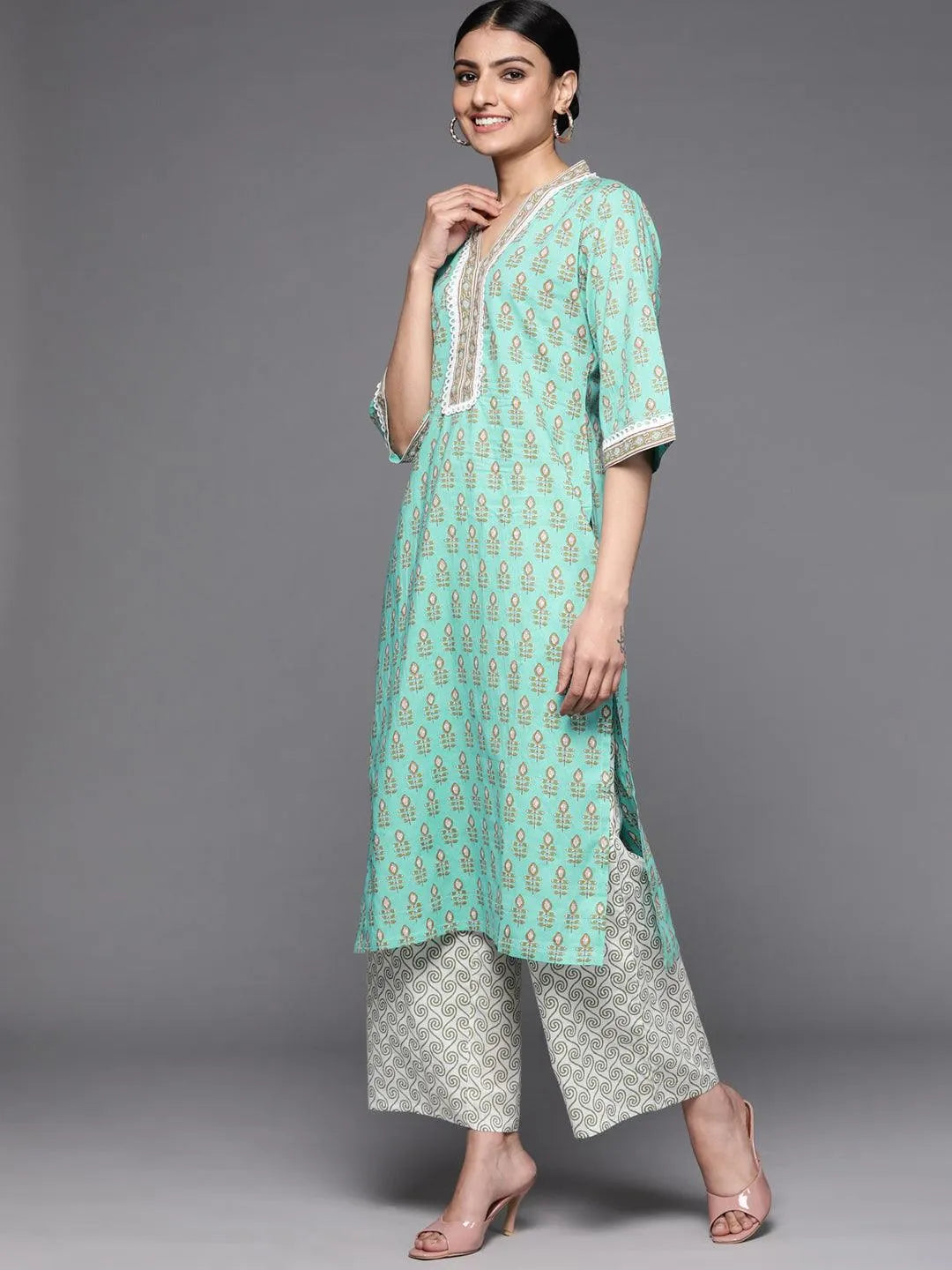 Sea Green Printed Cotton Suit Set - Libas 