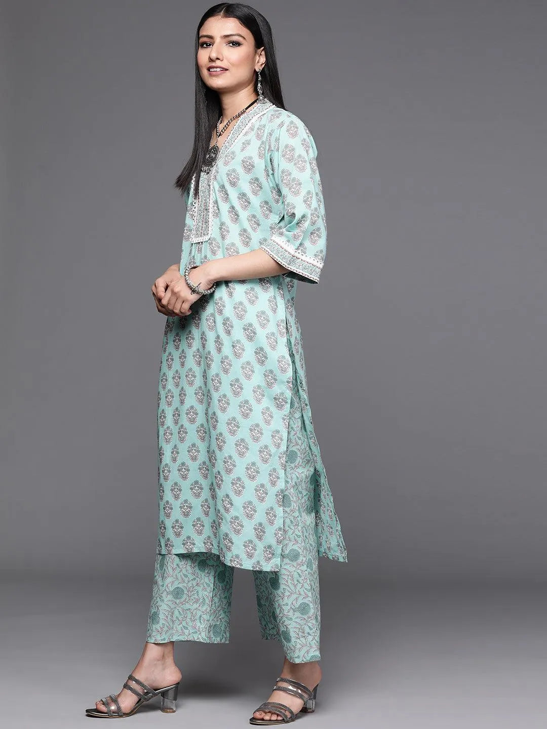 Sea Green Printed Cotton Suit Set - Libas 